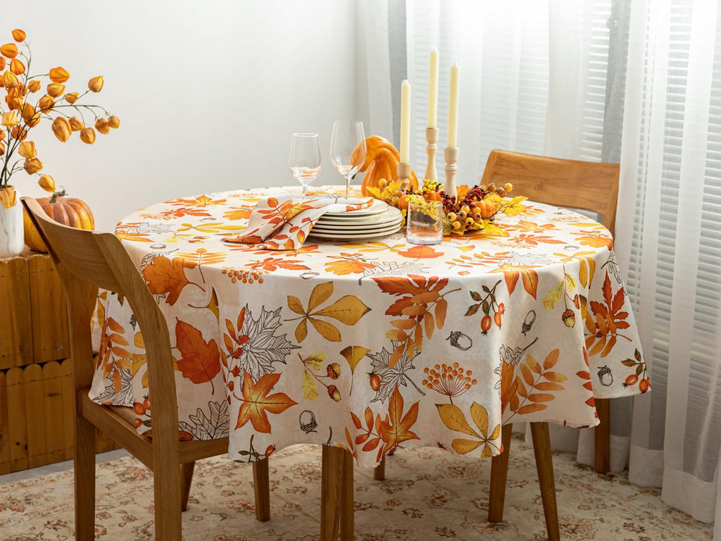 Fall Thanksgiving Tabletop Collection Dining Decoration Parties Harvest, Fall Leaves, Tablecloth, 70" Round