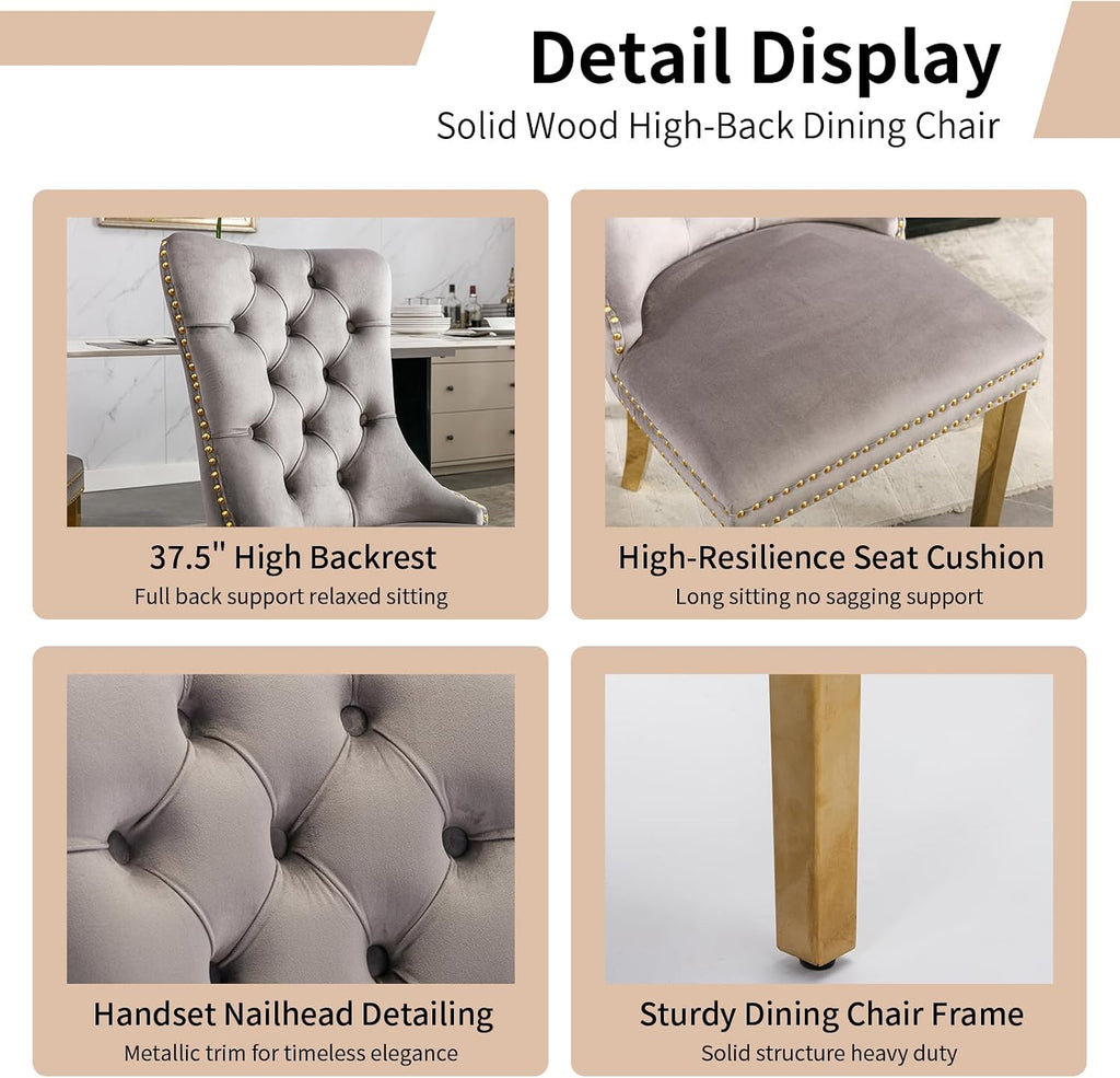 Luxury Upholstered Dining Chairs Set of 4, Grey Kitchen Chair with Golden Metal Legs, Velvet Tufted Back Dining Chair