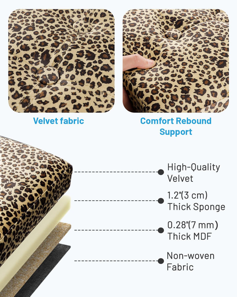 Storage Ottoman, 17" Folding Velvet Foot Rest, Leopard Print 2 Pack
