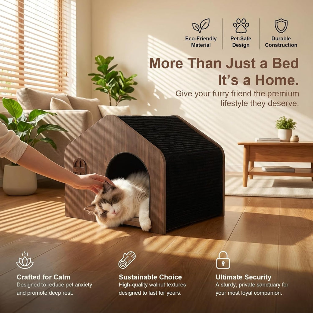 Wooden Indoor Cat House - E0 Grade Enclosed Cat Cave Bed