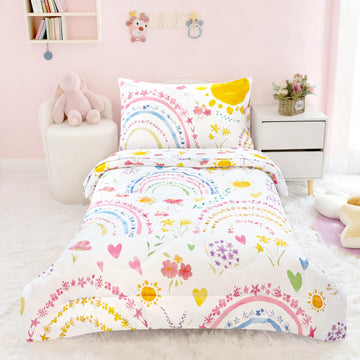 Toddler Bedding Set for Girls, 4 Piece Soft & Breathable Rainbow & Sun Crib Bedding Set, Bed-in-A-Bag Toddler