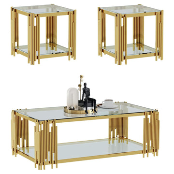 Glass Coffee Table and End Table Set of 3, Luxury Coffee Table Set with Tempered Glass & Gold Stainless Steel Legs, 3