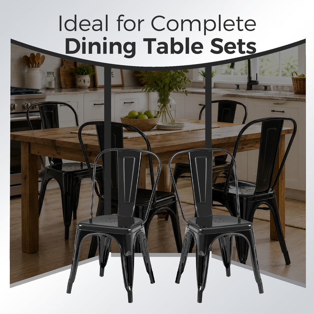 Metal Dining Chairs with Backrest, Stackable, Black, 6 Pack