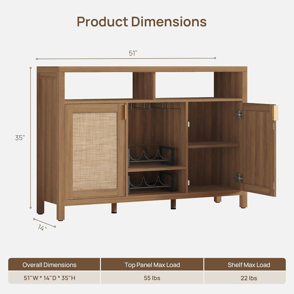 51" Coffee Bar Cabinet with Storage, Rattan Bar Cart Liquor Cabinet | Large Home Bar Table Wine Cabinet with Wine