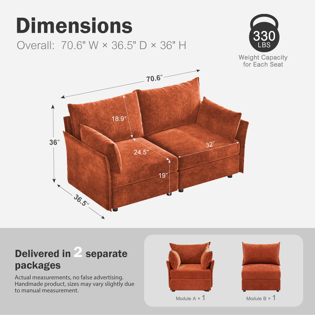 Oversized Loveseat Sofa, Modern Modular Sectional Couch Terracotta Orange Fluffy Chenille Mid Century 2-Seat 24.5"
