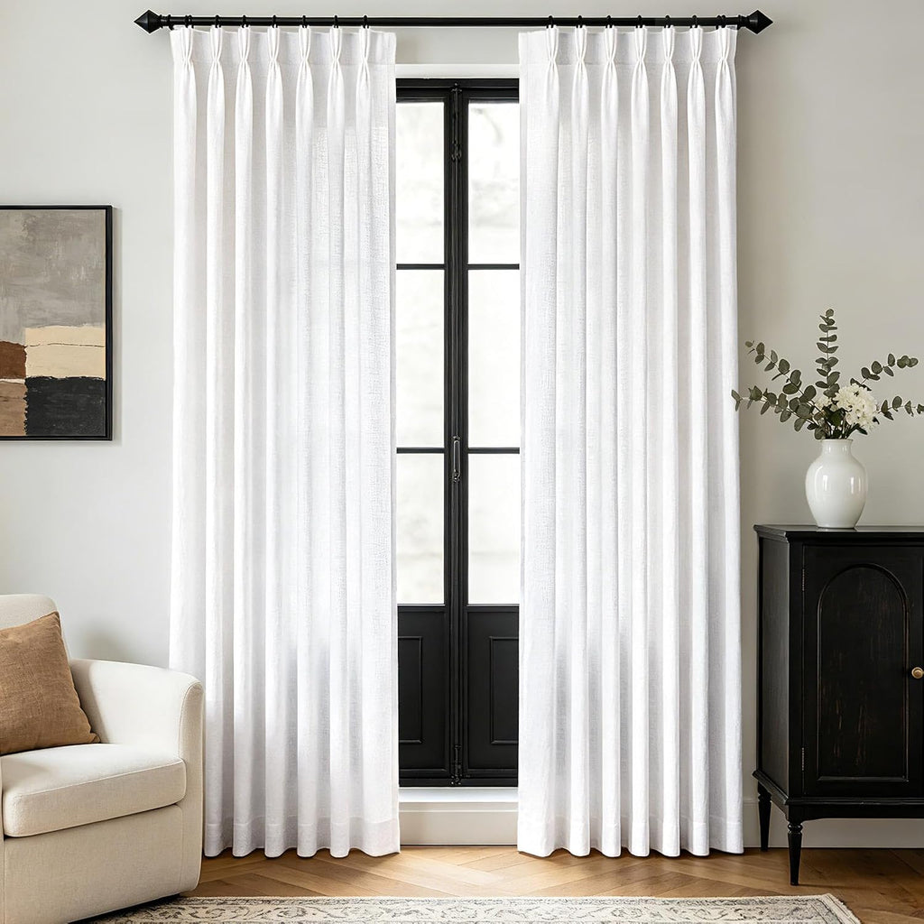 Triple Pinch Pleated White Curtains 102 inch Long for Living Room 2 Panels Light Filtering Semi Sheer White Drapes