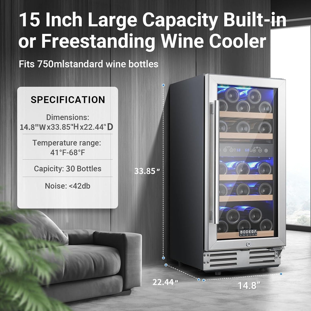 15 Inch Dual Zone Wine Fridge, 30 Bottle, Black 15” Wine Cooler Under Counter Fo