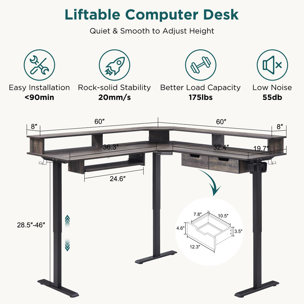 Electric L Shaped Standing Desk, 60" Motor Height Adjustable Sit Stand Corner Desk with Led, Large Home Office Desk