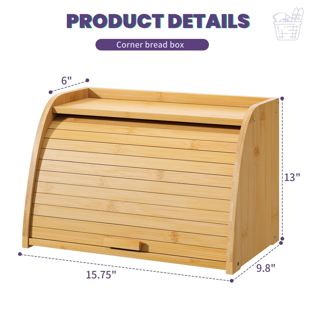 Bread Box - Natural Bamboo Kitchen Storage Roll Top, Countertop