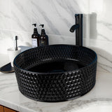 Black Crystal Vessel Sink with Faucet and Drain Set 16 Inch Round Tempered Glass Basin Bowl Diamond Shaped Bathroom