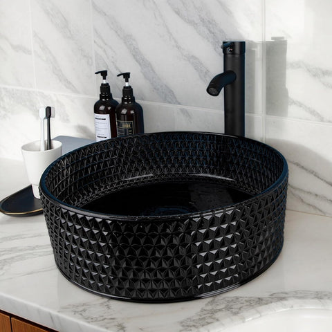 Black Crystal Vessel Sink with Faucet and Drain Set 16 Inch Round Tempered Glass Basin Bowl Diamond Shaped Bathroom