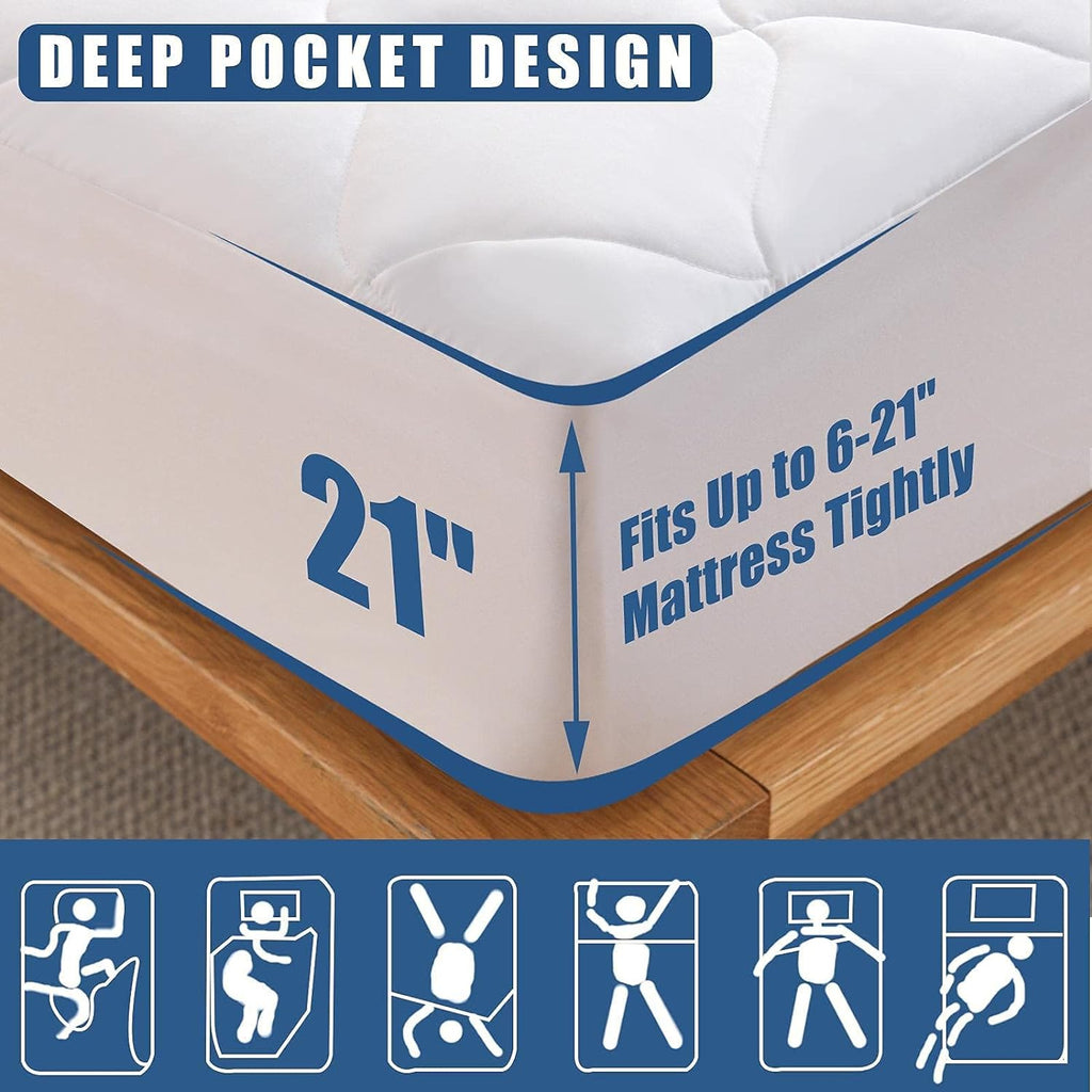 King Quilted Mattress Pad Waterproof Breathable Bed Protector Quiet Fabric Noiseless Cooling Microfiber Fitted