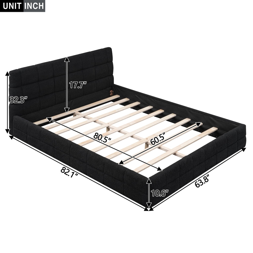 Queen Size Upholstered Platform Bed, Fleece Floor Bed with Tufted Headboard, Luxurious Low Profile Bed Frame with