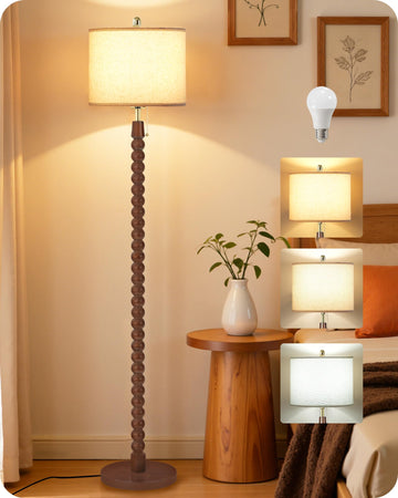 65" Spindle Wood Floor Lamp with Pull Chain, 3CCT, Beaded floor lamp, Walnut