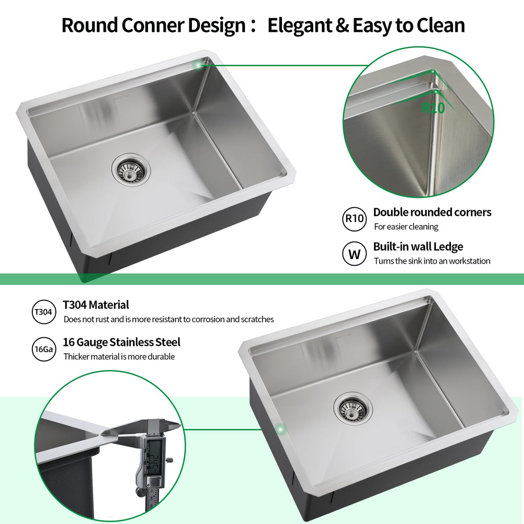 Undermount Kitchen Sink, 24 x 19 Inch Sink Kitchen 16 Gauge Stainless Steel Kitchen Sinks Single Bowl Workstation