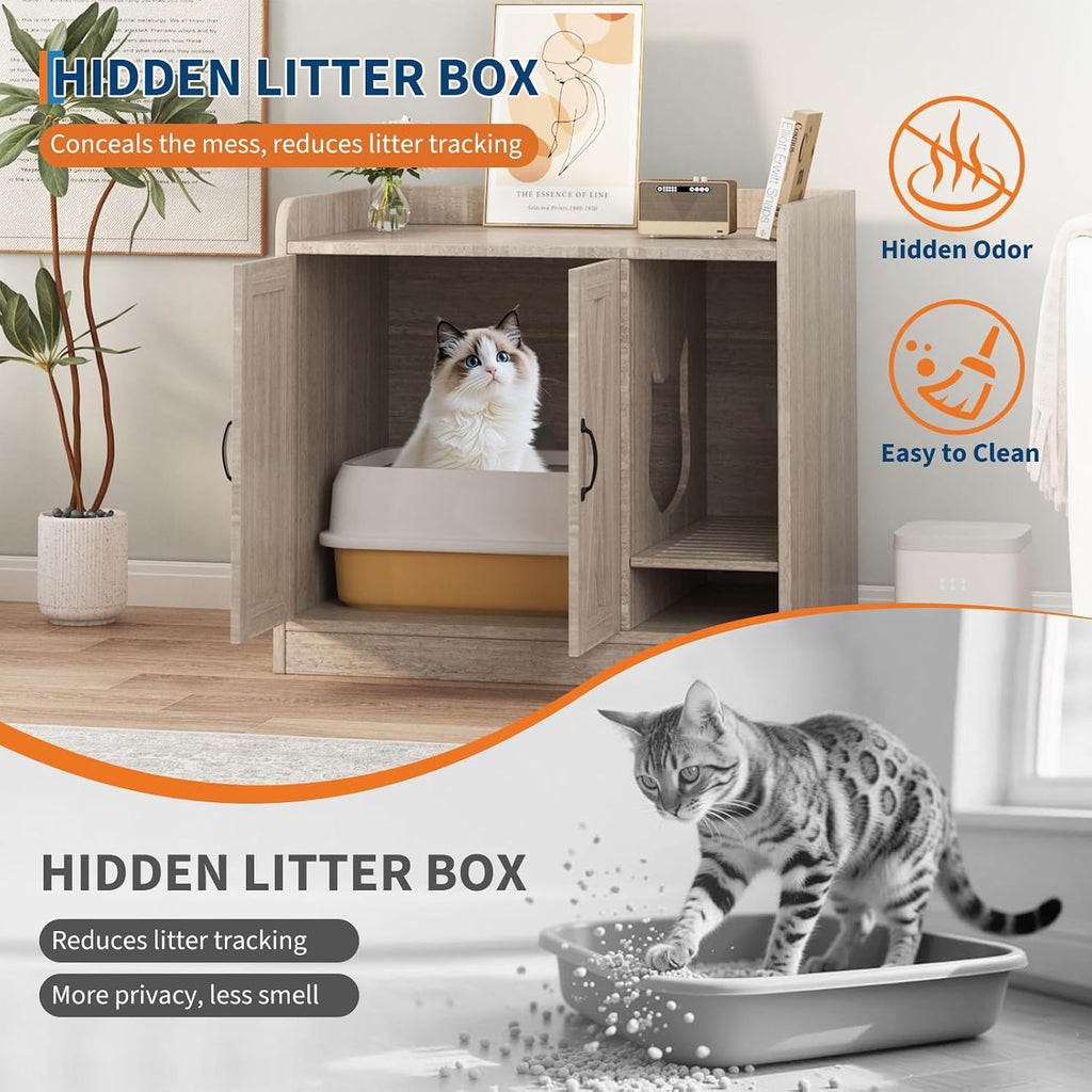 Cat Litter Box Enclosure, Hidden Litter Box Furniture with Divider, Indoor Cat House, Wooden Cat Washroom Storage