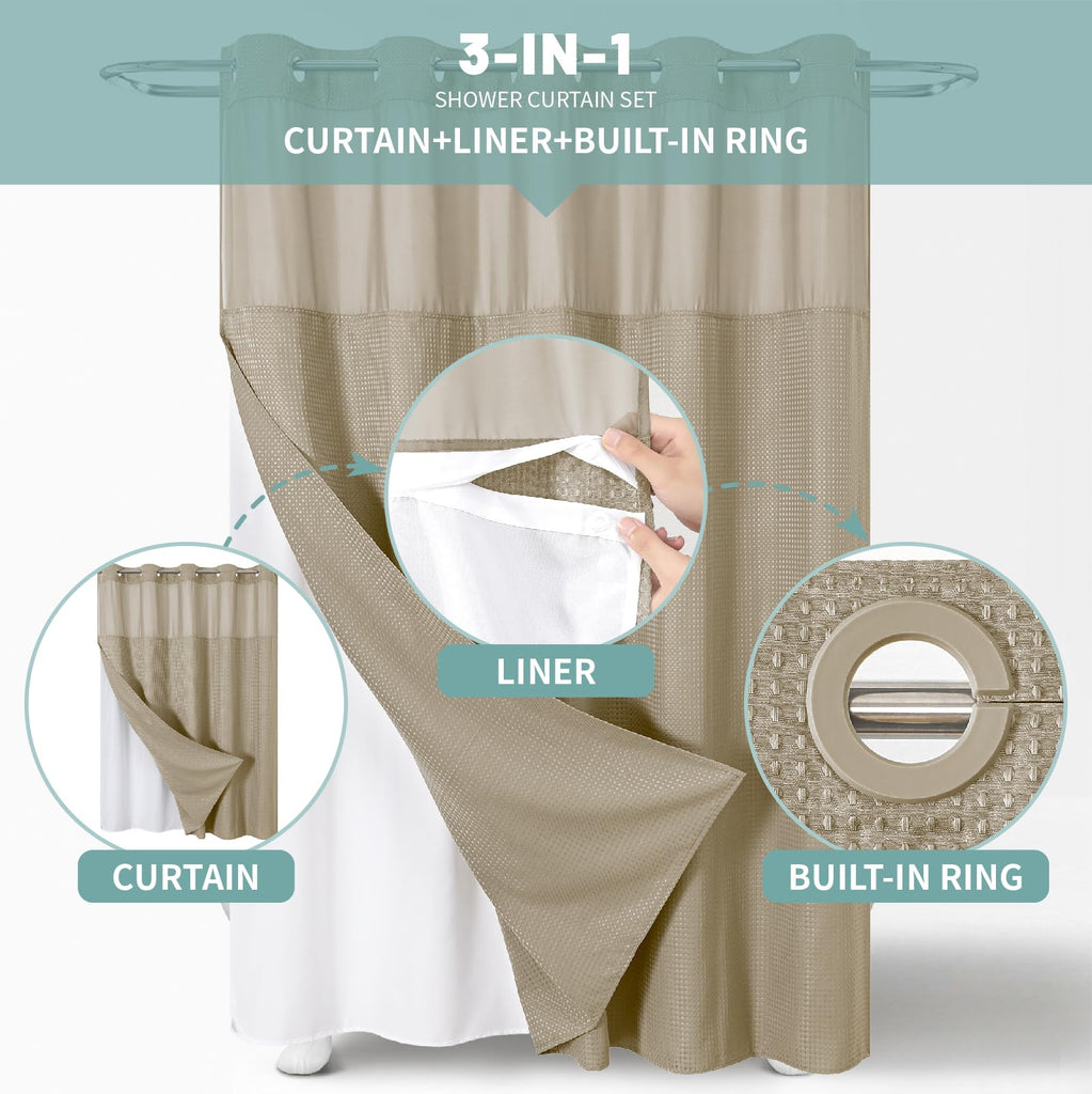 No Hook Waffle Shower Curtain with Snap-in Liner, 71x80 Inch, Khaki