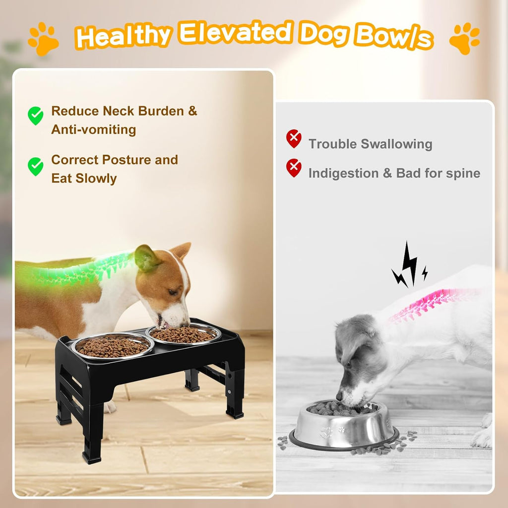 Elevated Dog Bowls for Small Medium Dogs, 3 Height Adjustable Raised Stand with 2 Thick 6" Stainless Steel Food