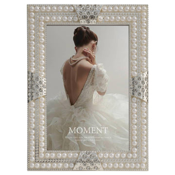 5x7 Picture Frame with Pearl and Crystal Decor for Wedding Photo, Ornate Frame Silver Plated for Tabletop Display