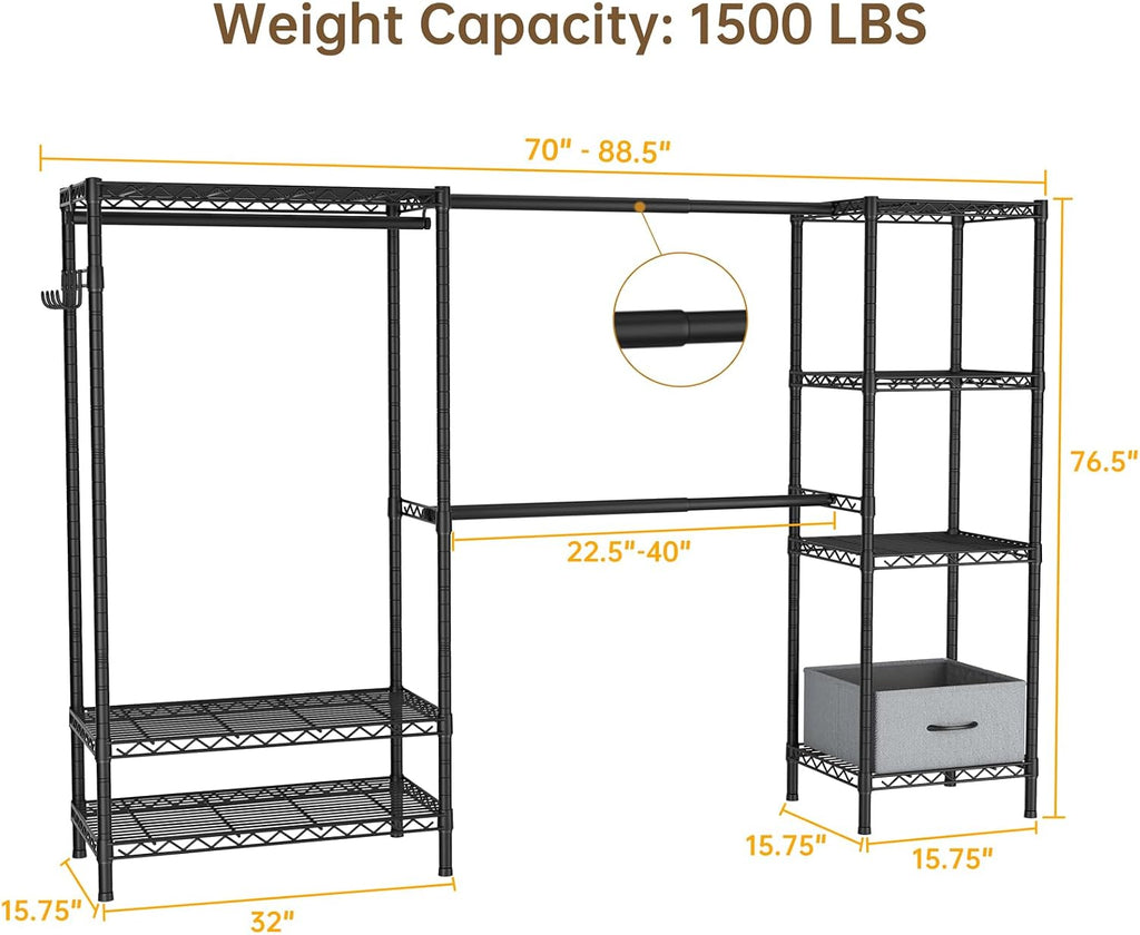 Heavy Duty Clothing Rack with Adjustable Shelves Clothes Wardrobe | Coat Rack Metal Closet Organizer and Storage