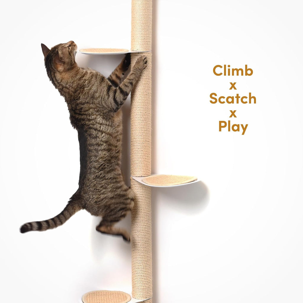 68" Tall Wall-Mounted Cat Tree - Modern Space-Saving Cat Shelf with Sisal Scratching Post & Steel Climbing Steps