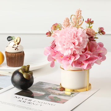 Artificial Pink and Carnation Flower Arrangement with White Ceramic Vase, Gold Accent, 8x6Inches, Wedding and Dining
