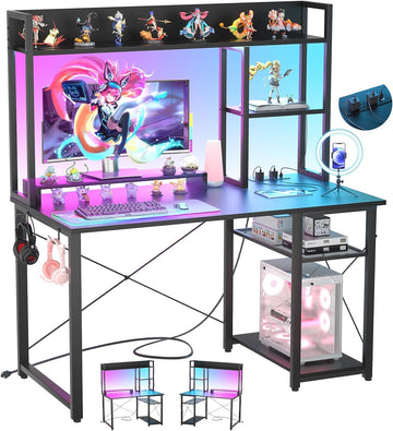 Gaming Desk with Hutch, 39'' Computer Desk with LED Lights & Power Outlets, Home Office Desk with Reversible 5 Tiers