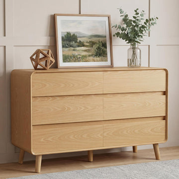 6 Drawer Dresser, 47'' Wide Mid Century Modern, Wood Storage Drawer Dressers, Oak