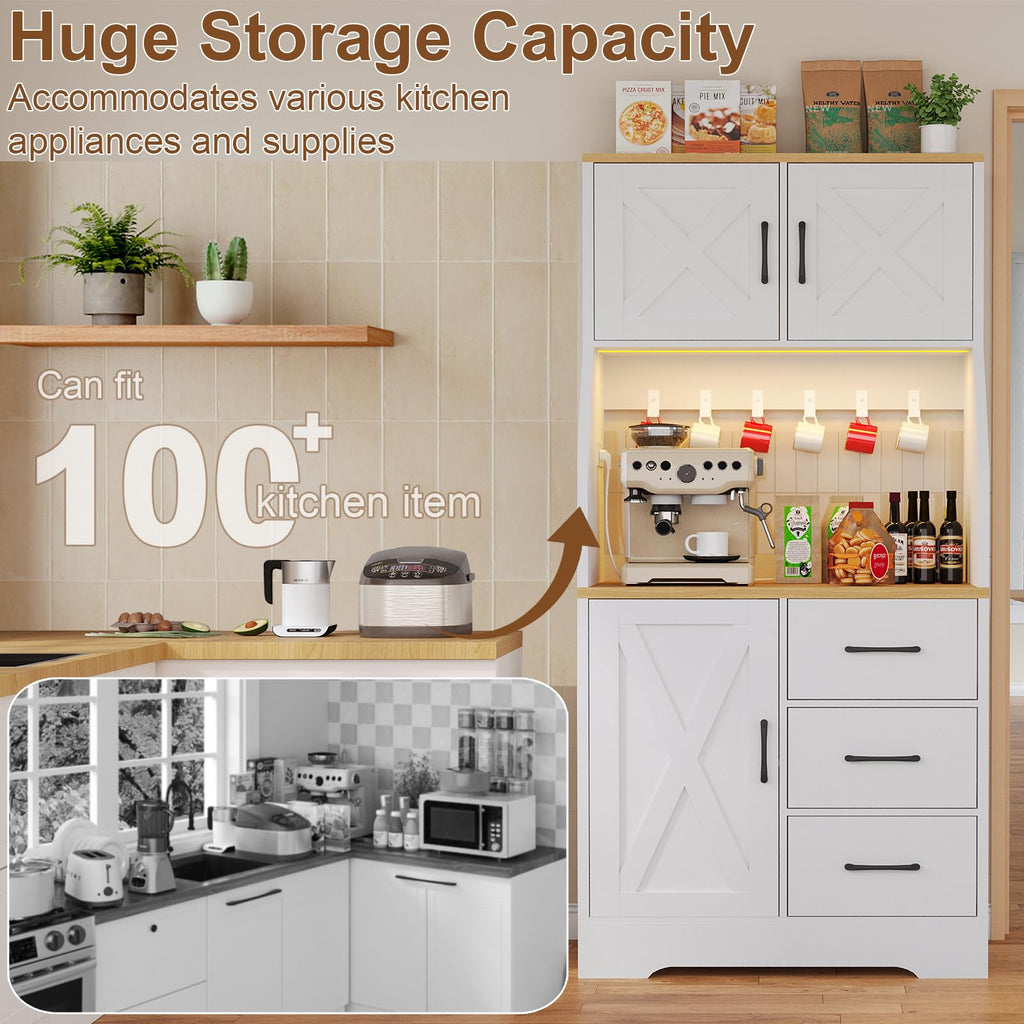 Pantry Cabinet with Adjustable Shelves and 3 Drawers, Tall Kitchen Pantry Storage Cabinet with LED Light & Charging