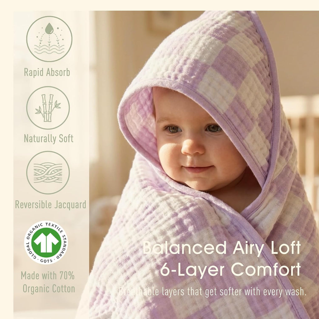 Muslin Baby Bath Towels Set Organic Cotton Blend (Purple Check)