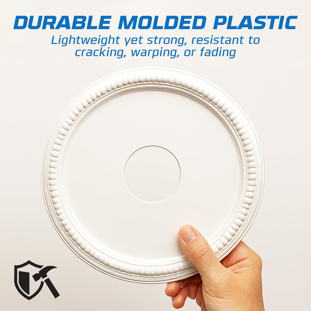 Ceiling Medallion (15.75′′ × 4′′ Center Hole) White Molded Plastic Beaded Medallion 15‐3/4′′ OD × 4′′ ID × 1′′ P.