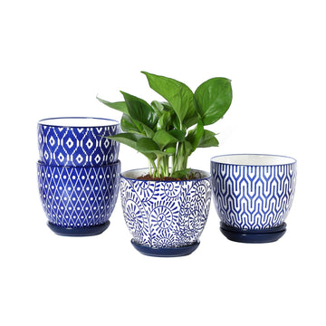 Ceramic Plant Pots, 5.6 Inch Flower Pots for Indoor Plants with Drainage Hole and Saucer, Home Decor, Set of 4