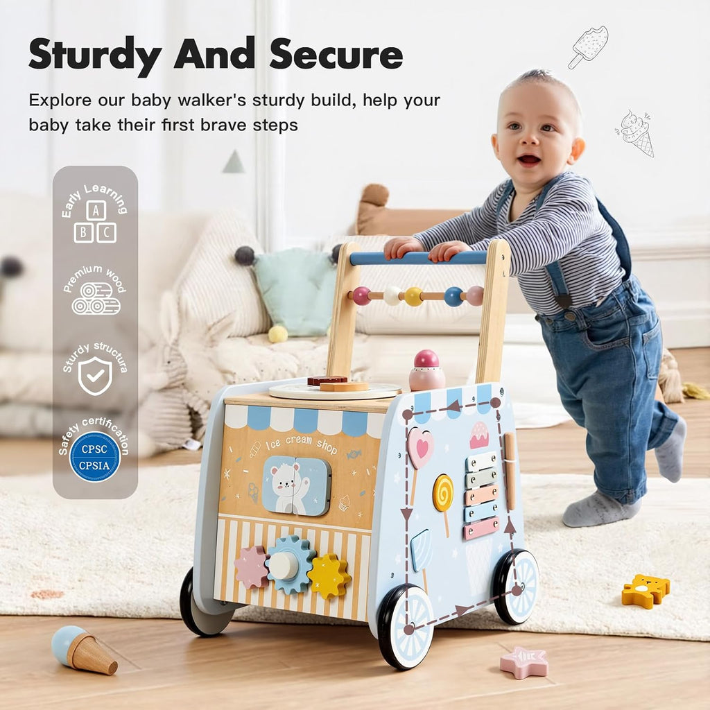 Wooden Baby Walker, Multifunctional Ice Cream Cart, Push Walker with Wheels