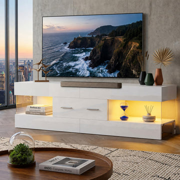 60 Inch White Modern TV Stand, LED Entertainment Center Console
