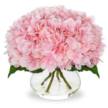 Pink Hydrangea Artificial Flowers with Glass Vase Silk Faux Flowers Arrangements with Clear Faux Water Fake Floral