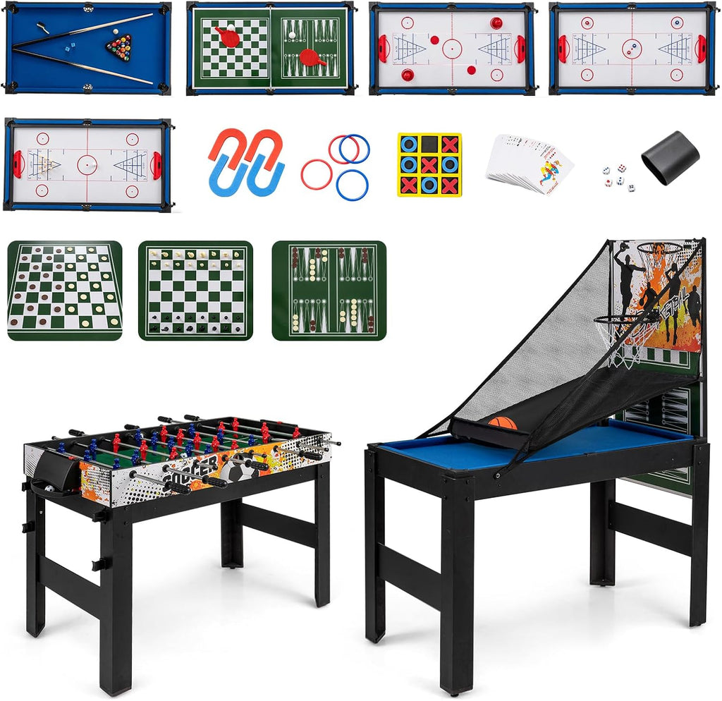 14-in-1 Multi Game Table, Combo Game Table w/Foosball, Air Hockey, Pool, Table Tennis, Basketball, Chess, Checkers