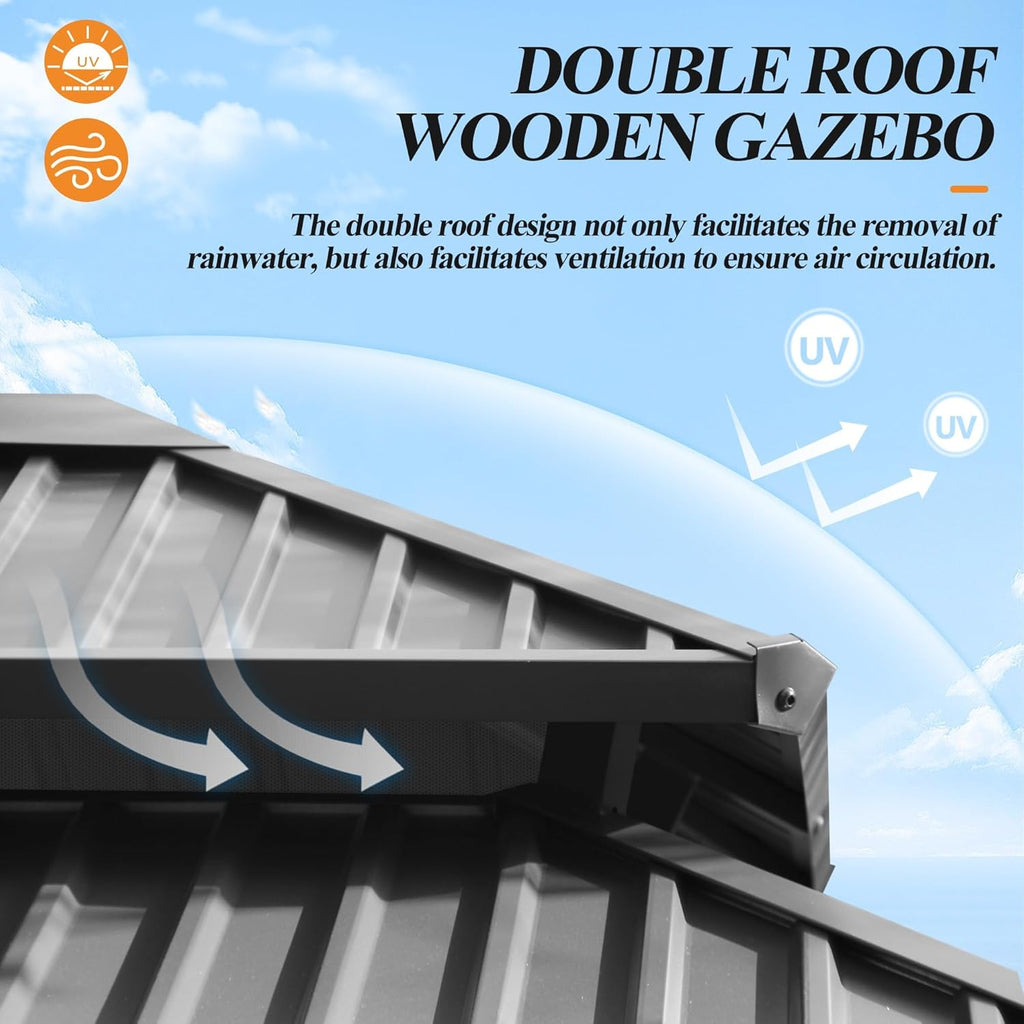 11’x13’ Outdoor Wooden Gazebo - Patio Galvanized Steel Gazebo with Double Vented Roof