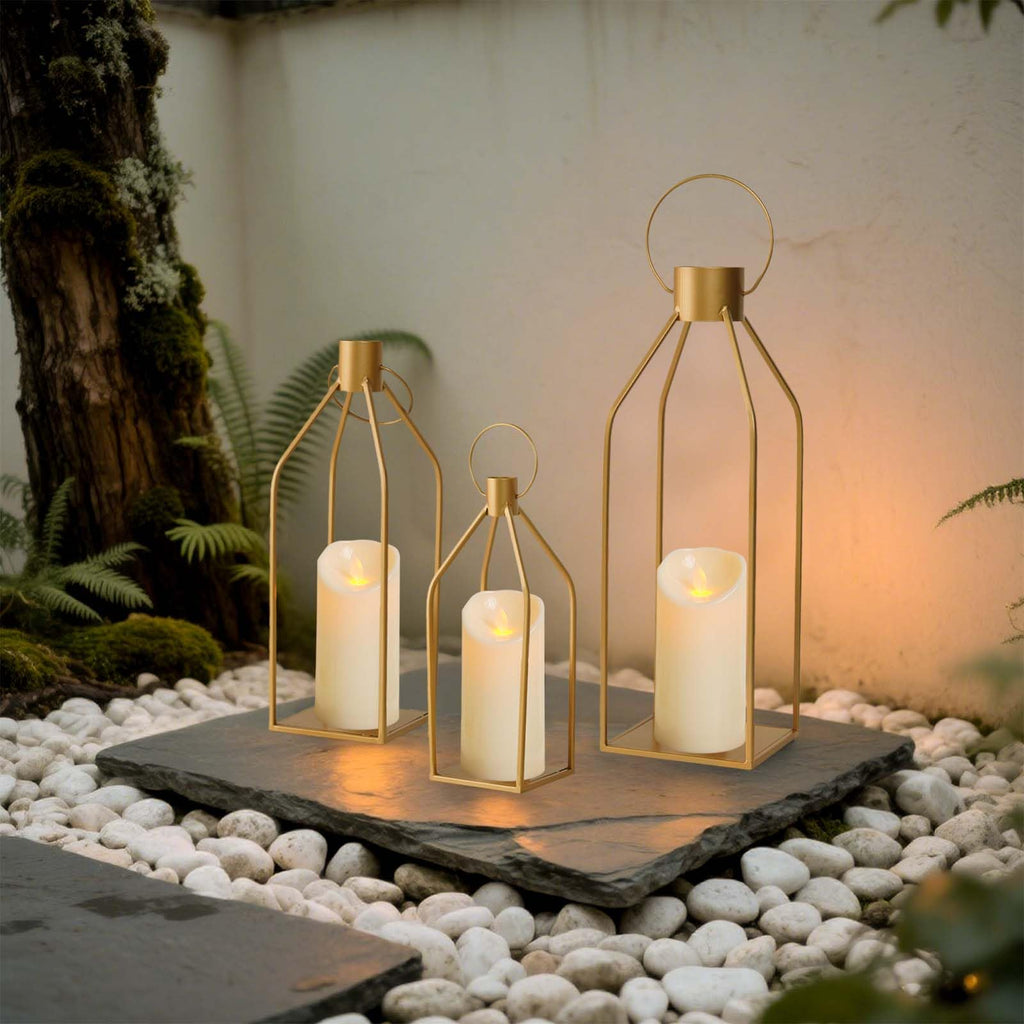 Elegant Gold Decorative Lanterns Set of 3-19/16/13 Inch Metal Indoor Lanterns Decorative with Flickering LED Candles