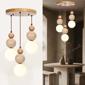 3-Light Spherical Wabi Sabi Travertine Stone Fixture Pendant Light