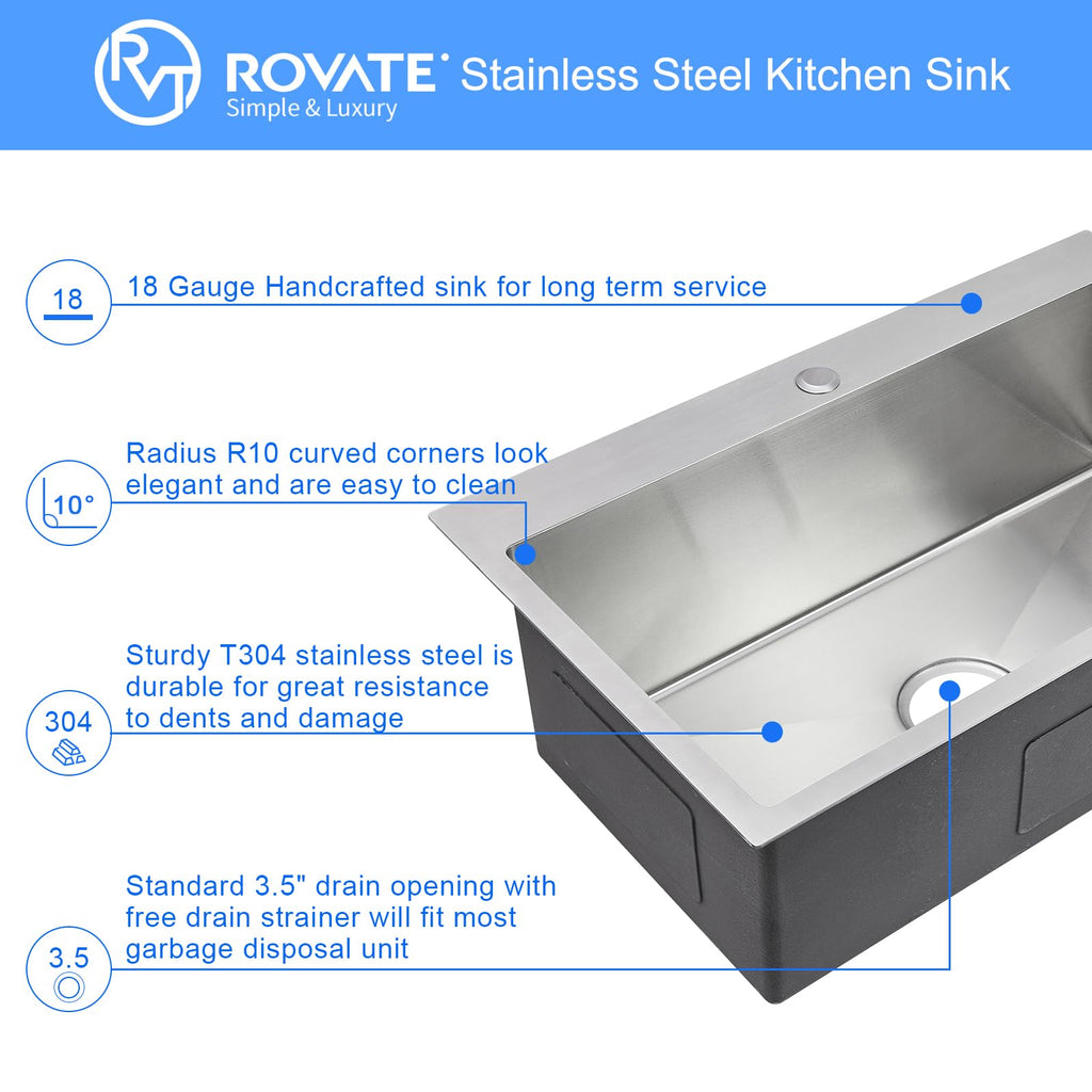 26 ×18 inches Drop-in Single Bowl 304 Stainless Steel