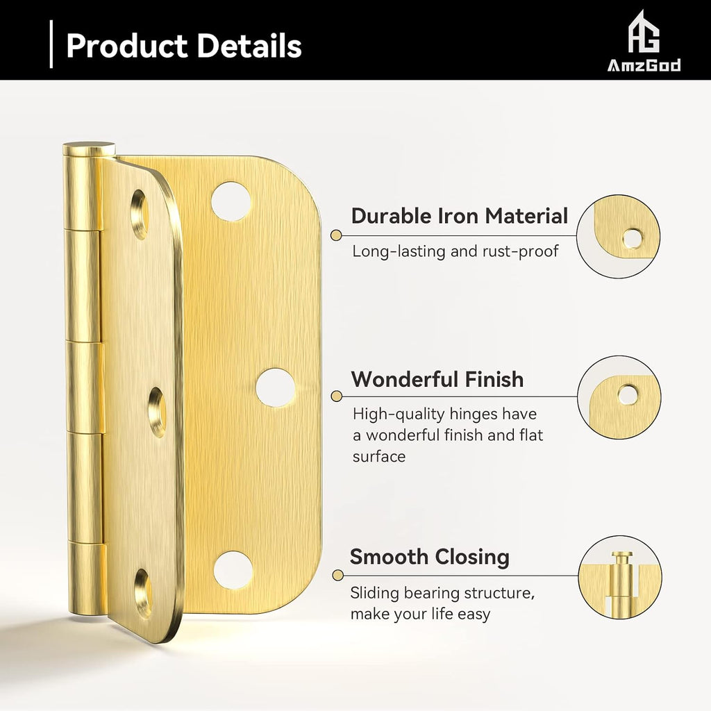Interior Door Hinges 3.5" with 5/8" Radius Corners, Satin Brass, 12 Pack