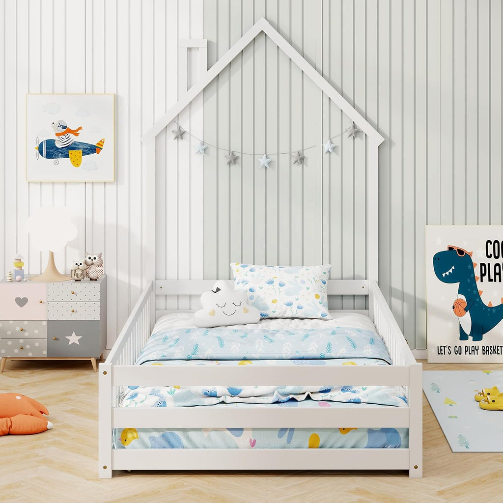 Floor Bed, House-Shaped Montessori Bed Frame with Headboard, Full-Length Guardrail, Chimney & Solid Wood