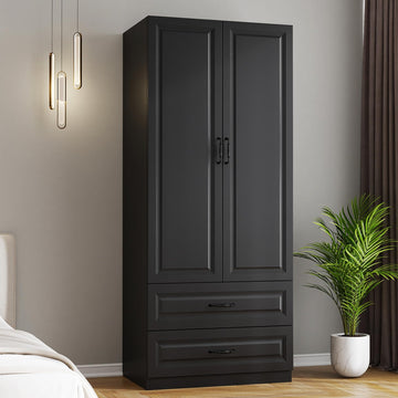 Black Wardrobe Closet with 2 Drawers and 2 Doors, 75" H x 32" W