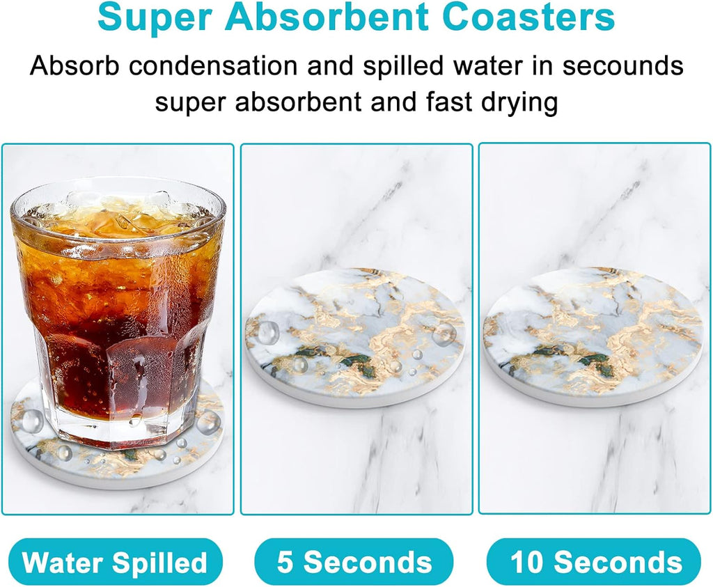 Coasters for Drinks Cute Absorbent Ceramic Drink Coasters for Cup with Holder and Cork Base, Kitchen Home - Set of 6