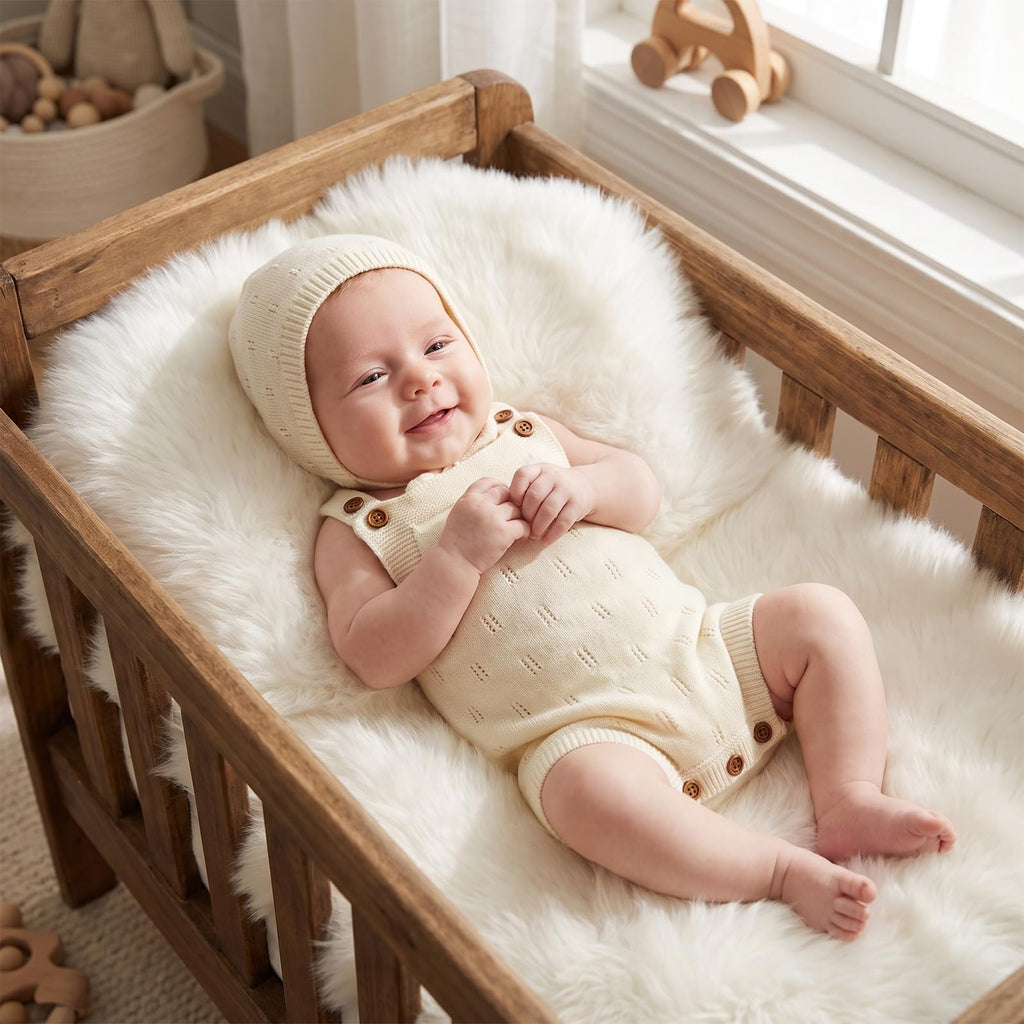 Newborn Girl Boy Outfit Baby Knit Romper Overall with Hat (Cream, )
