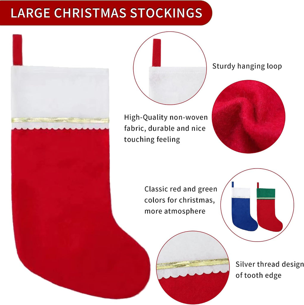 Felt Christmas Stockings, 19 Inches Red and White Christmas Stockings Hanging Ornaments, White Cuff with Gold - Set of 12