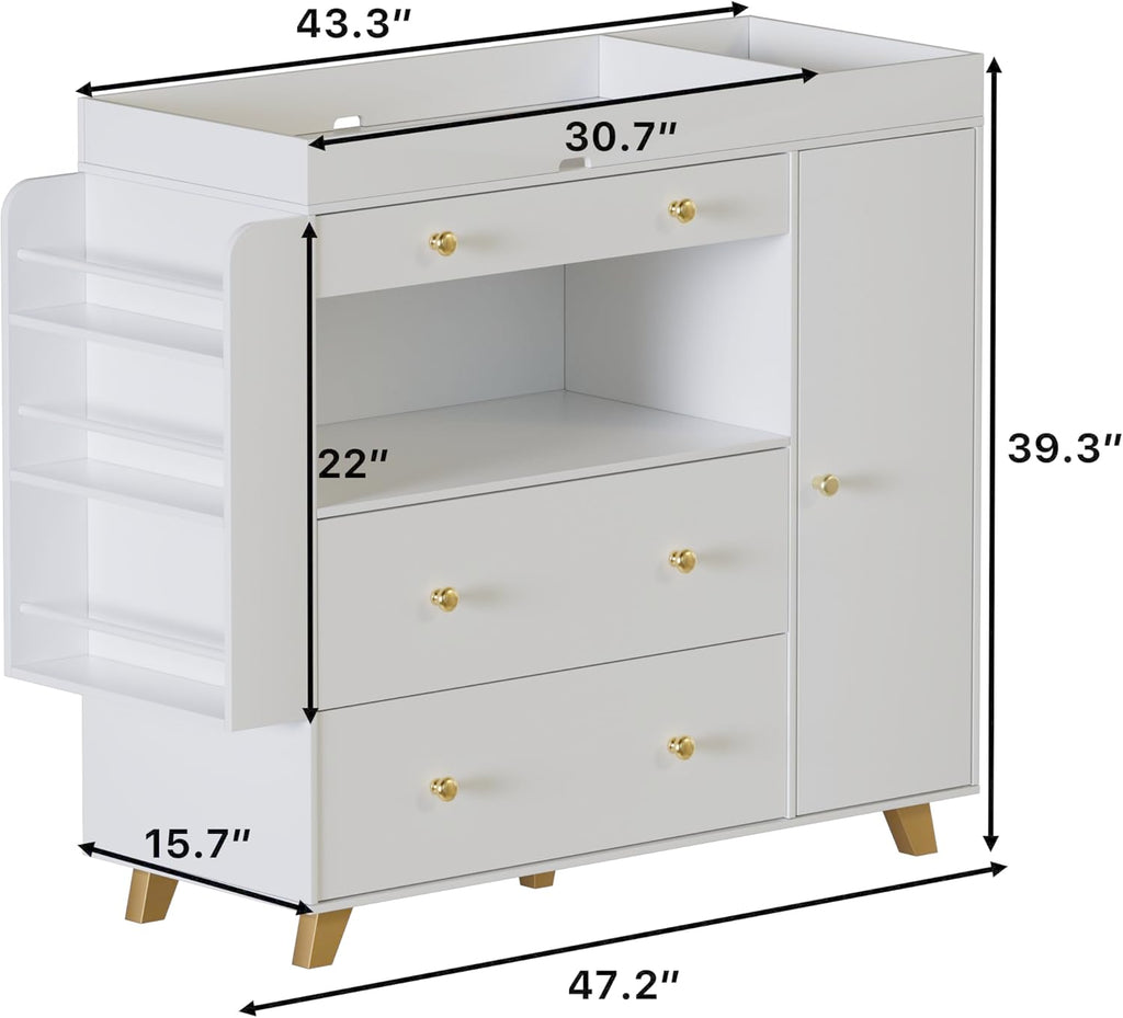 Nursery Dresser with Baby Changing Table, Modern Diaper Changing Station,Dresser with 3 Drawers & Shelves, Storage