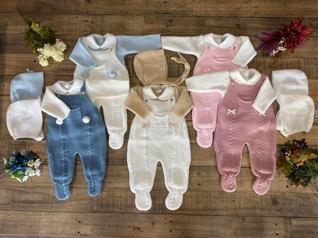 Piece Baby Outfit Set Knitted Infant Romper Long Sleeve Sweater Hat Overalls Boys Girls - Made in Spain