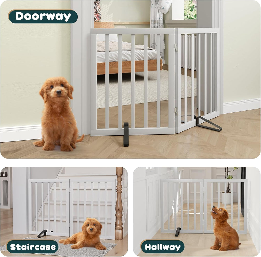 Bamboo Dog Gates Indoor 2-Panel Freestanding Puppy Gates for The House with 2 Metal Stands 24" H Folding Wood Pet