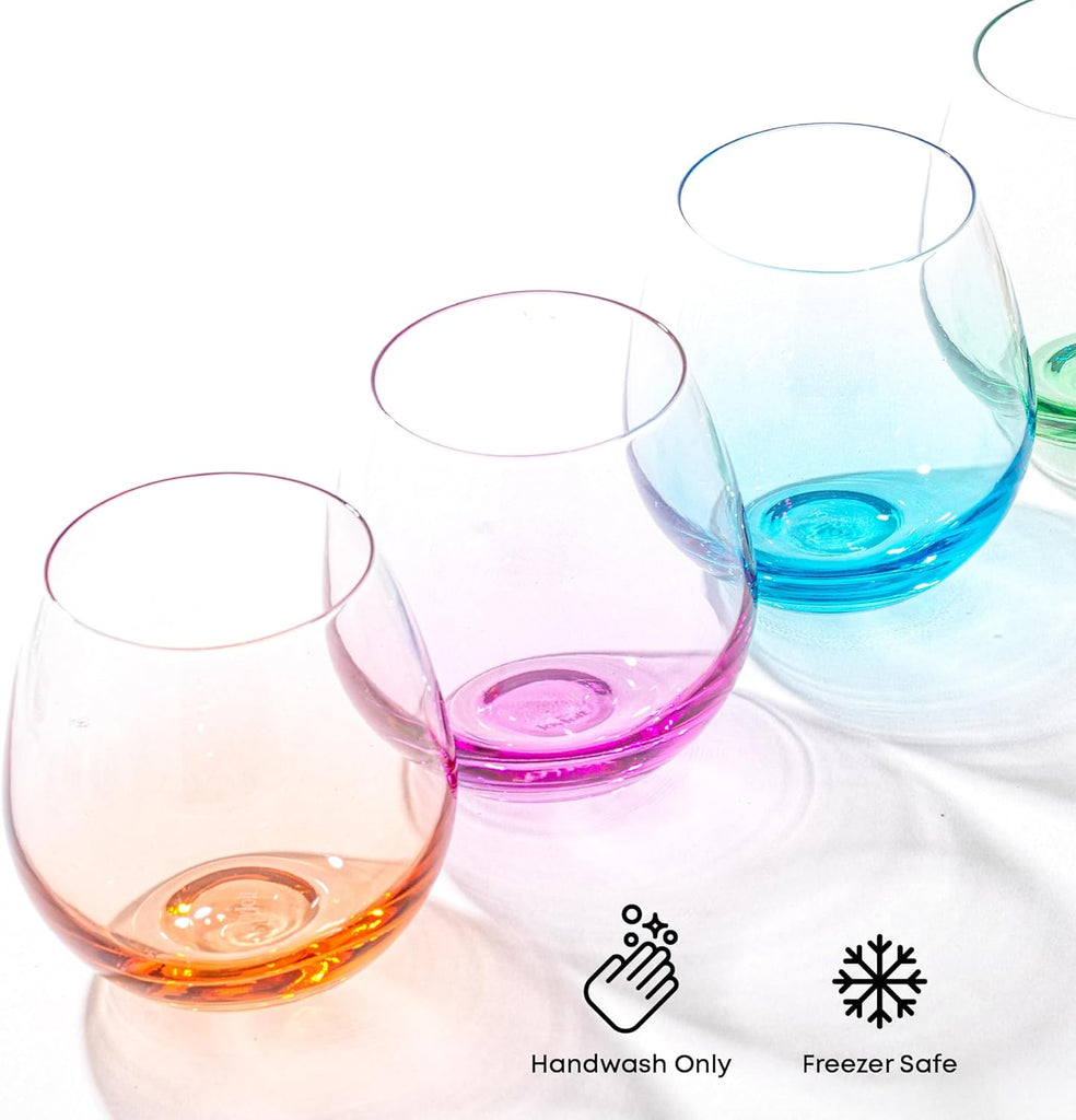 Hue Stemless Wine Glass Set, Large 15 oz Stemless Wine Glasses Set of 6 for White Red or Water, Short Glass Tumblers